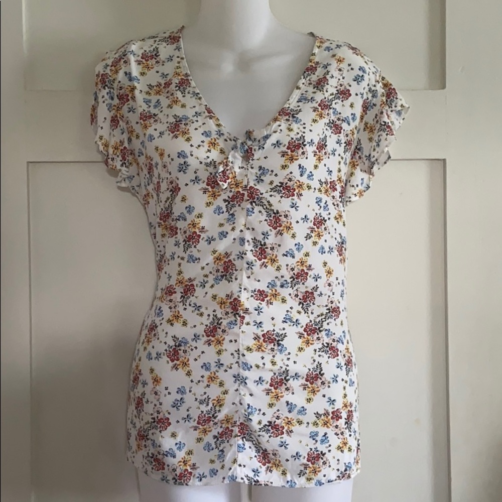 Loft Floral Ruffle-Sleeve Blouse w/Tie-Neck LP